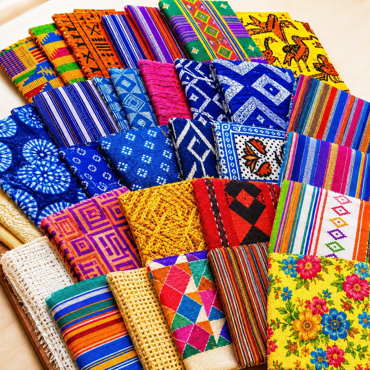 Étoffes africaines pliées et empilées, wax, kente et indigo